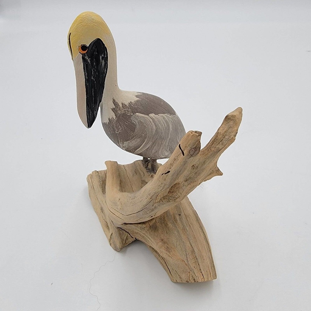 Vintage Pelican Bird On Driftwood Hand Carved Hand Painted In Key West Florida